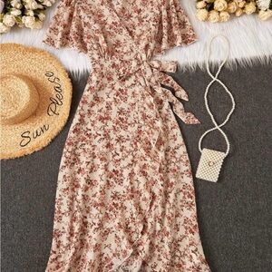 NWOT Floral Wrap Dress in Cream and Brown